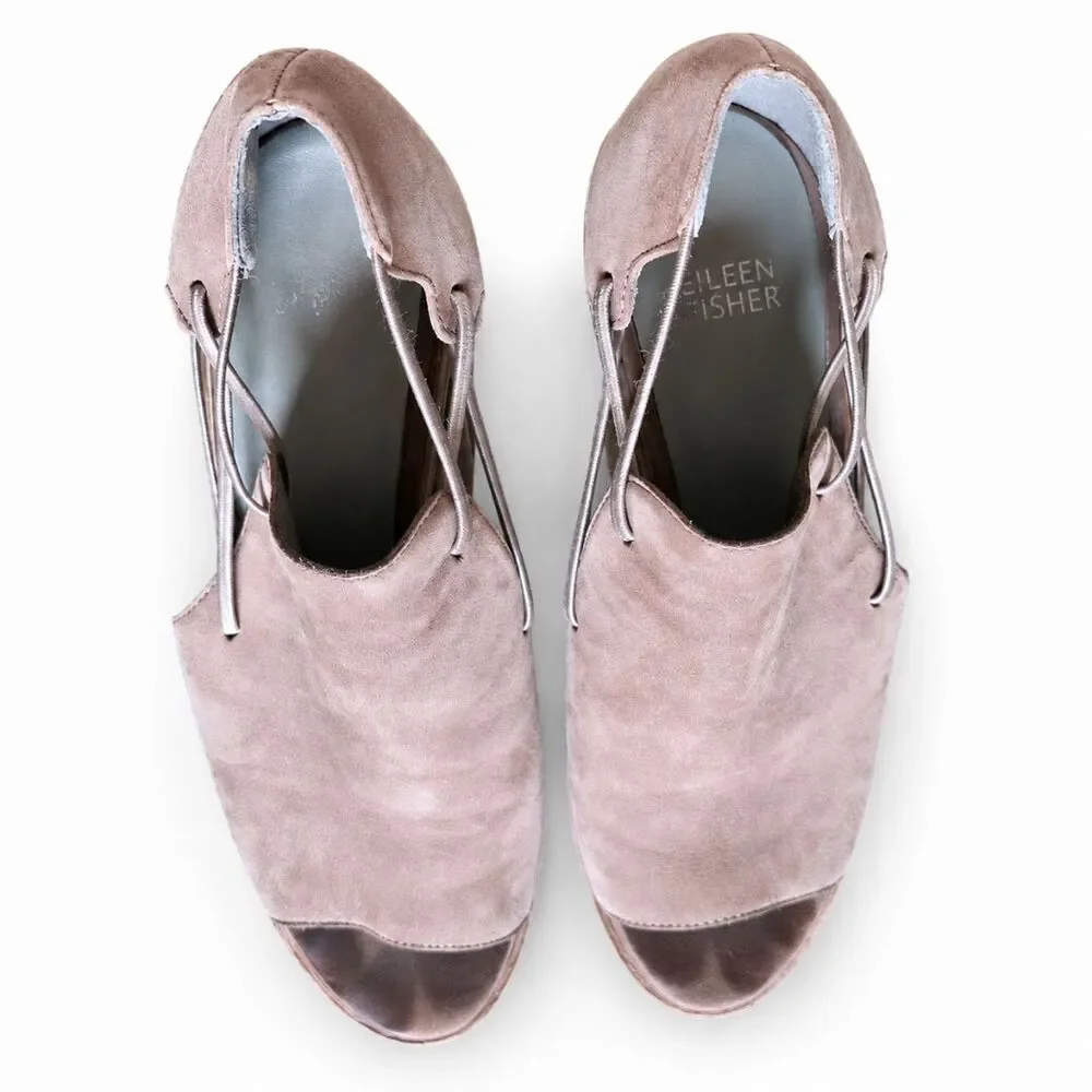 Eileen Fisher Womens 9 Taupe Suede Open Toe Cutout Block Heel Sandal Booties
